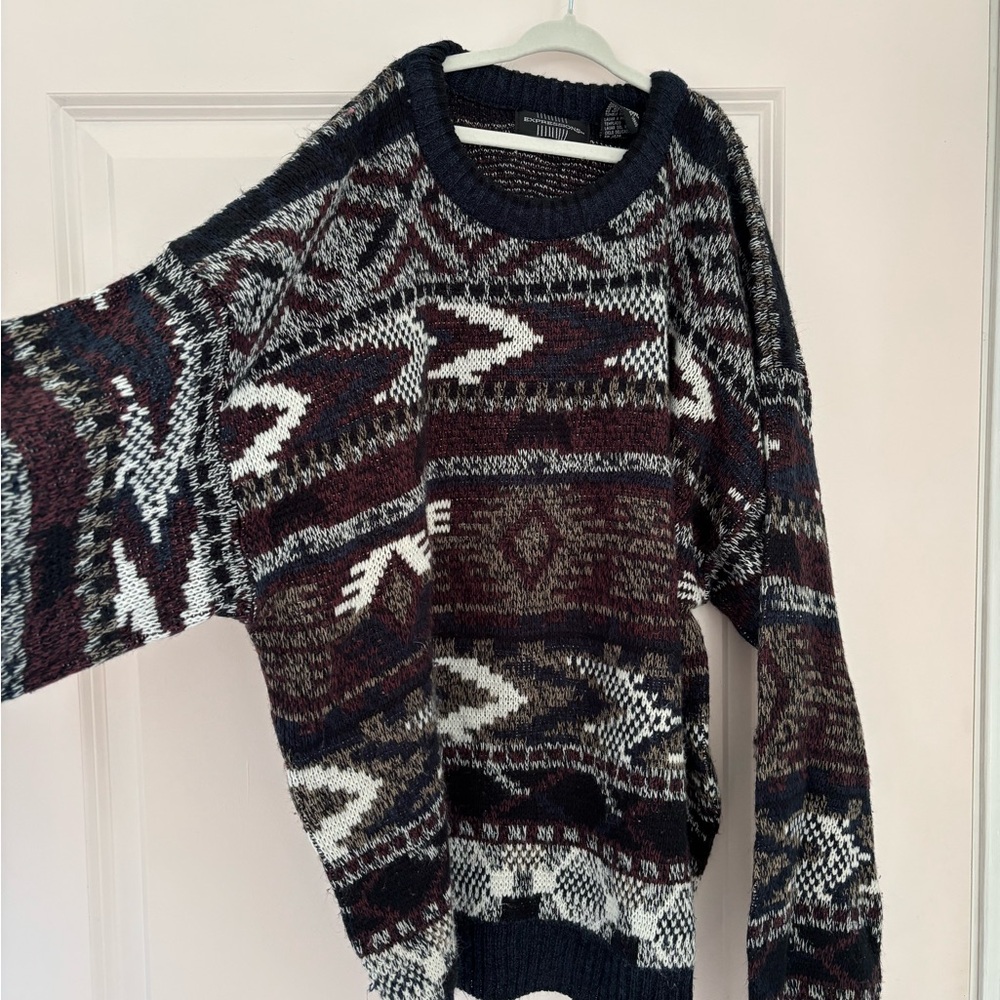 Expressions Men's Navy and Burgundy Patterned Crewneck Sweater